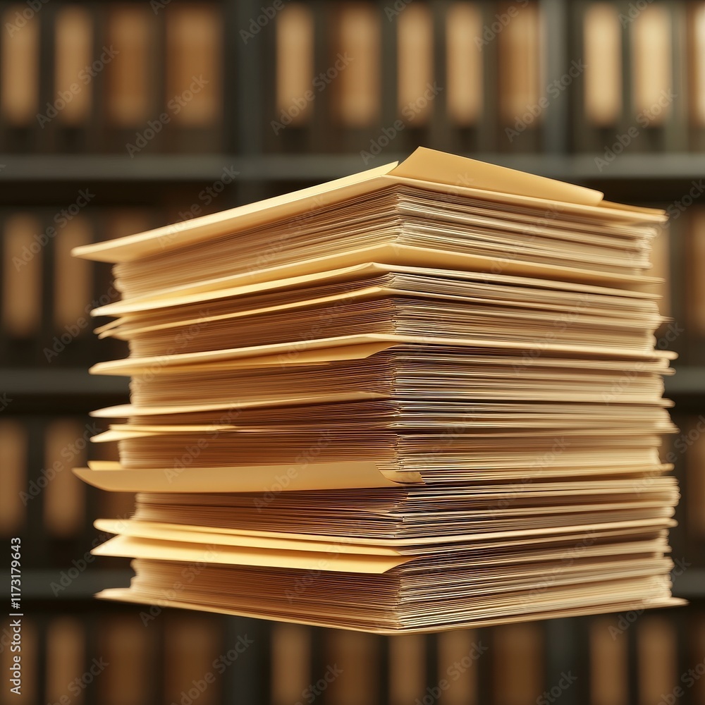 Poster a stack of neatly organized, tan-colored files appears to float against a backdrop of bookshelves, s