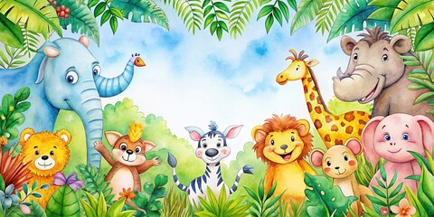 Cute Watercolor Safari Zoo Animals Frame Border - Adorable Cartoon Wildlife Background