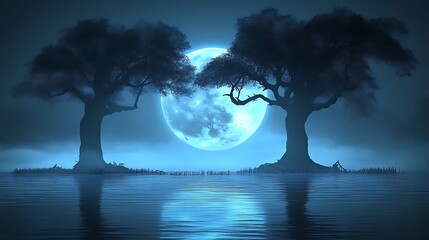 Two trees silhouetted against a large blue moon reflecting on still water.