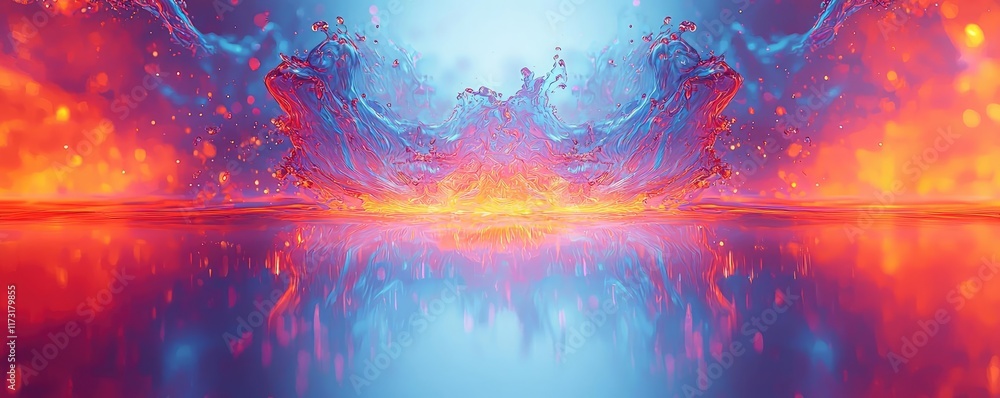 Poster splash abstract background idea. vivid explosion of color with blue and orange waves reflecting on a