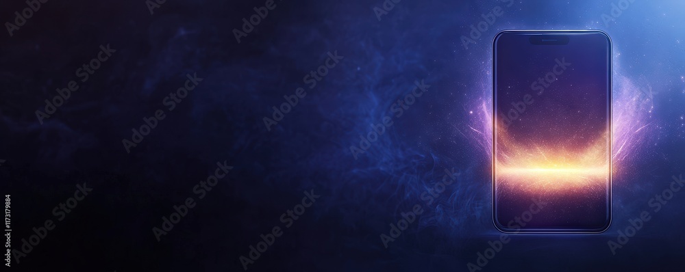 Poster a sleek smartphone is illuminated with a vibrant glow against a dark, cosmic background, creating a 