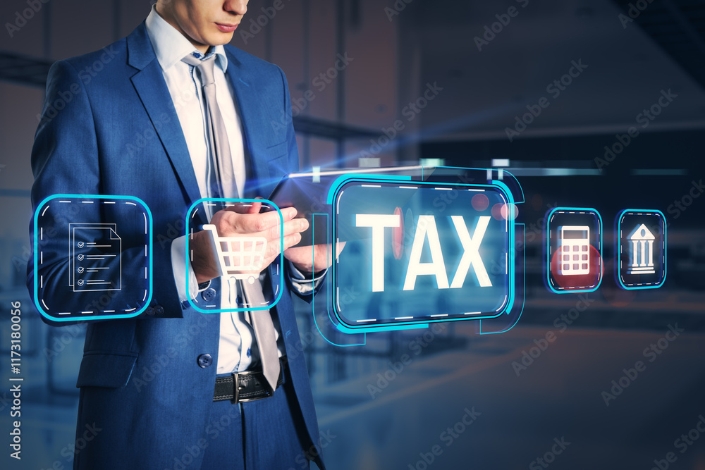 Poster businessman using a digital device with virtual tax-related icons in a corporate environment.