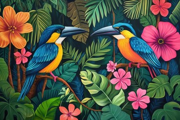Obraz premium Two Toucans Amidst Lush Tropical Flowers and Foliage