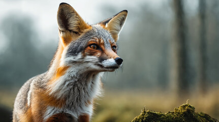 Naklejka premium Fox in a forest setting during the late afternoon with soft light illuminating its fur