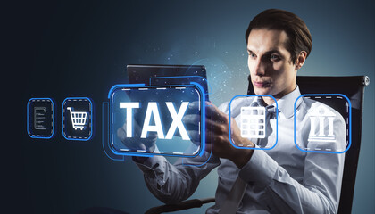 Businessman using digital interface with tax and finance icons on dark background.