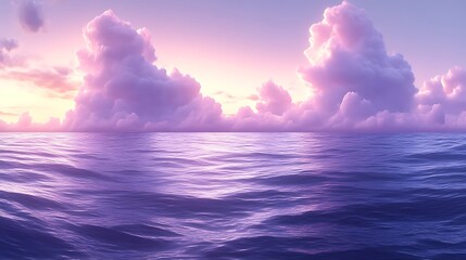 Obraz premium Purple sunset over calm ocean with fluffy clouds.