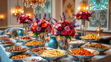 Elegant Buffet Table Colorful Flower Arrangements Delicious Food Variety