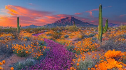 Vibrant sunset over desert landscape with blooming wildflowers and cacti.