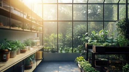 Minimalist greenhouse featuring energy-efficient, voice-activated lights.