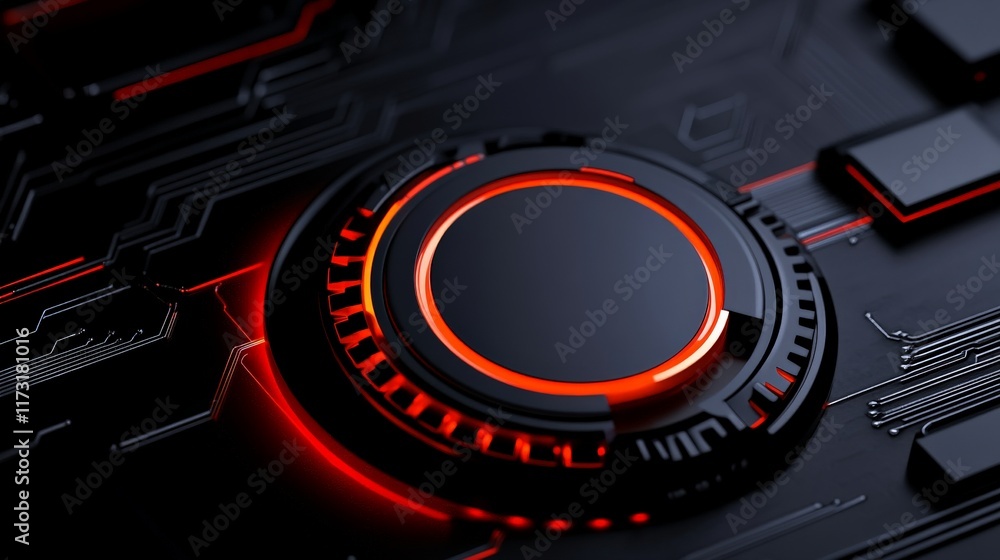 Poster red glowing futuristic interface button on a circuit board.