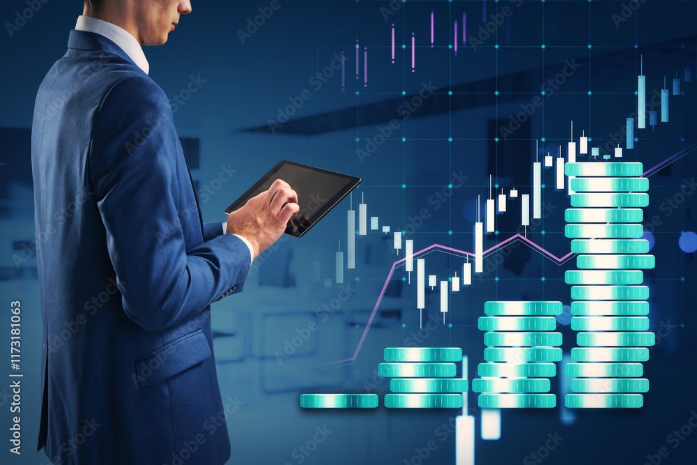 Poster Businessman analyzing financial graph data using a tablet on blue background.