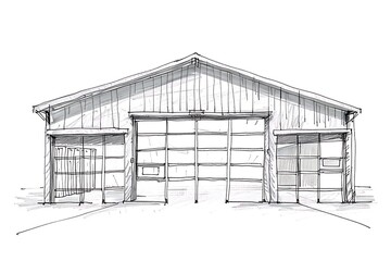 Outline of a warehouse with open shutters on a white background