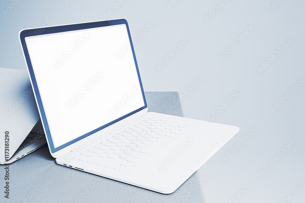 Poster white modern laptop with blank screen mockup on light background. 3d rendering