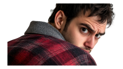 A man with dark hair wearing a plaid shirt turns his head, showing an intense expression while gazing over his shoulder in a neutral setting.