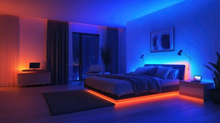Modern bedroom with dimmable smart lights adjusted via voice commands.