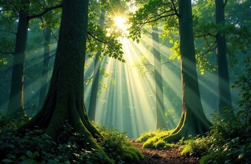 Obraz premium The bright sun is shining beautifully through the trees in the forest