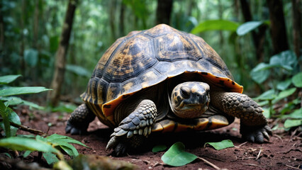 Fototapeta premium Tortoise foraging in lush forest undergrowth during daylight in natural habitat
