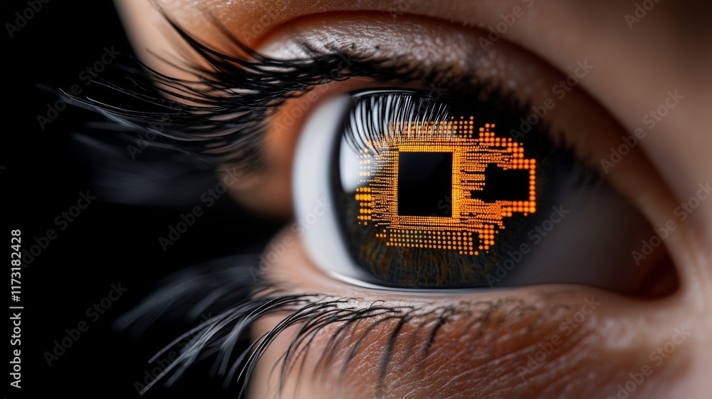 Poster the digital gaze: a close-up of a human eye with a microchip reflected in the iris, symbolizing the 