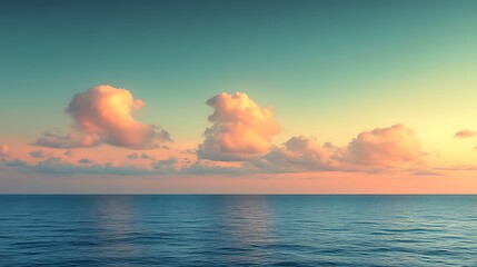 Tranquil sunset over calm ocean with fluffy clouds.
