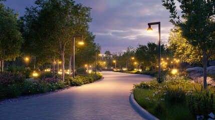 Obraz premium Modern streetlights illuminate a paved path through a quiet park, with the fading light of dusk creating a peaceful ambiance