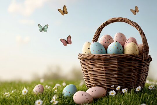 Colorful easter egg basket with butterflies in spring meadow