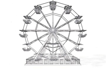Outline of an amusement park structure like a Ferris wheel on a white background