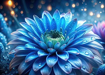 Surreal blue blossoms, drenched in ethereal dew, a fantastical macro photograph, AI artistry.