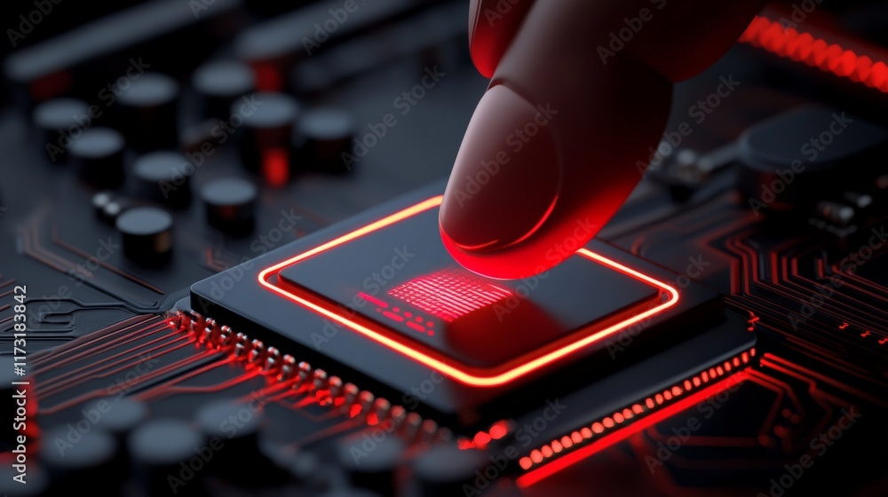 Poster biometric fingerprint scan on microchip