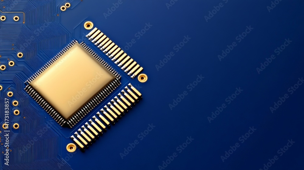 Poster microchip on circuit board: close-up view of a golden microchip on a blue circuit board, highlightin