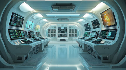 Futuristic spaceship bridge interior with glowing screens, data monitoring