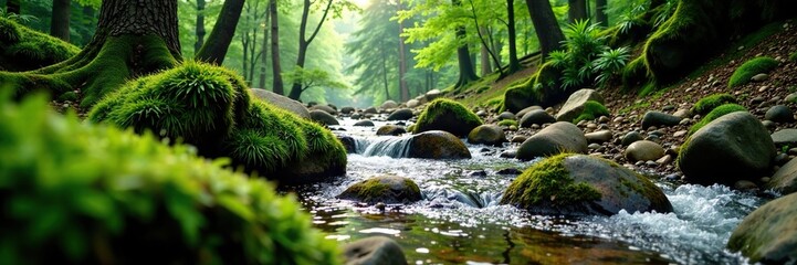 Obraz premium Mountain stream with moss-covered stones in the forest, foliage, trees, wilderness