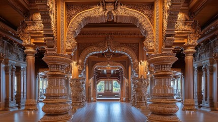 Obraz premium Ornate carvings and pillars inside a grand Hindu mandir, exuding spiritual elegance