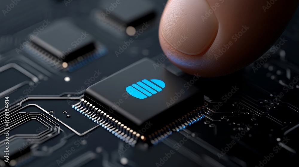 Poster activating heart technology: close-up shot of a fingertip activating a heart-shaped microchip on a c