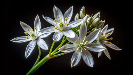 Naklejka premium Delicate Star of Bethlehem Flower Stem Close-up - Black Background - Botanical Photography