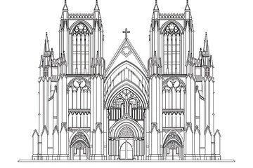 Fototapeta premium Outline of a Gothic-style cathedral on a white background