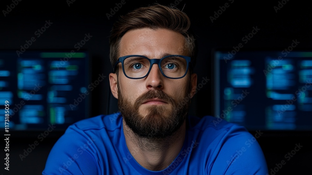 Poster focused programmer: a serious, bearded man with glasses intensely stares at computer screens filled 