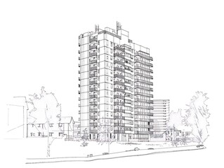 Outline of an urban tower block on a white background