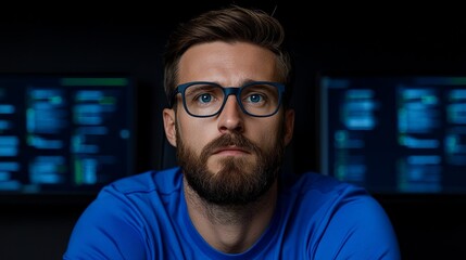 Focused Programmer: A serious, bearded man with glasses intensely stares at computer screens filled with code, conveying concentration and dedication. 