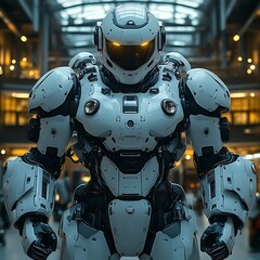 White robotic exoskeleton in industrial setting.