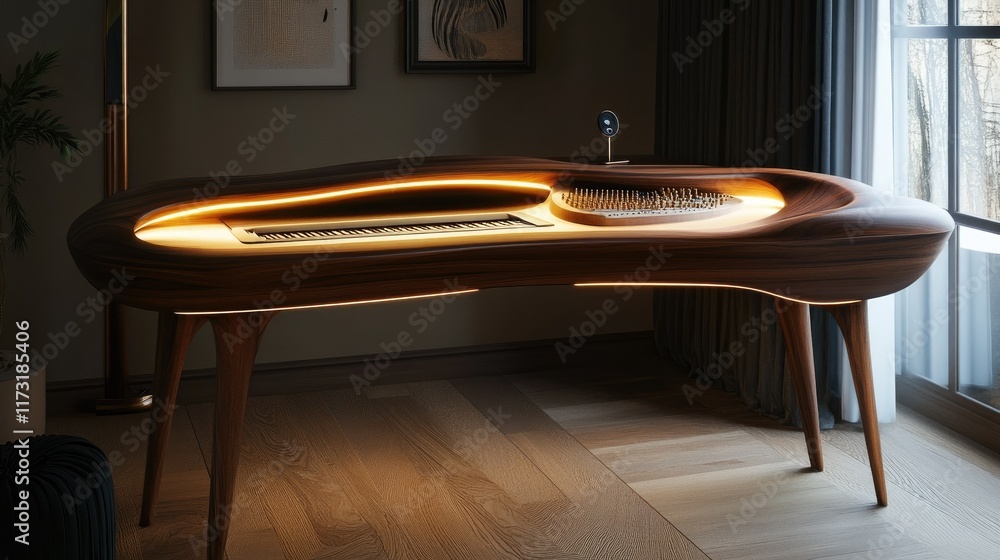Poster reading and writing desk with voice-controlled lighting system.