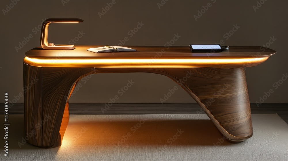 Poster reading and writing desk with voice-controlled lighting system.