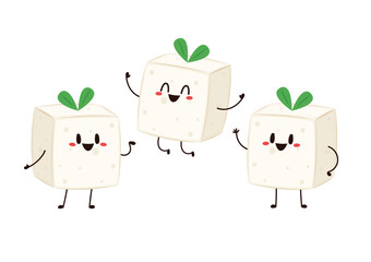 Cute tofu cartoon. Happy cute smiling funny tofu. character design. Vegetarian nutrition, healthy food.