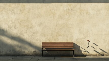 Wooden bench against textured wall, sunlight casts shadows, single red flower rests beside it.