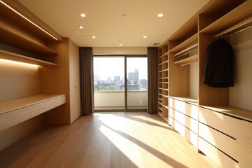 A minimalist, Muji-style wooden room with a Japandi interior design, exuding a sense of spaciousness and tranquility, awaits cleaning and organization