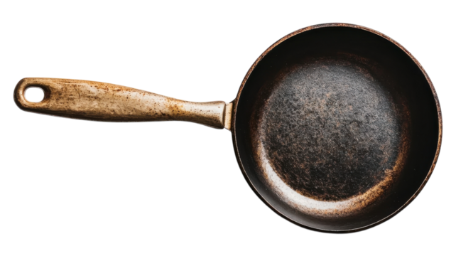 A worn cast iron frying pan with a wooden handle resting on a transparent background.