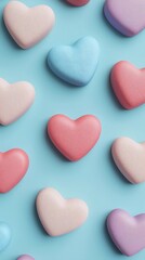 Obraz premium Valentine's Day Pastel Colored Heart Shapes Pattern on Light Blue Background Valentine s Day Love Concept