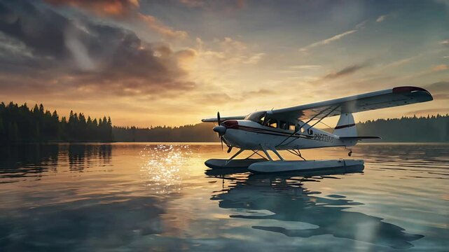 Seaplane floating on the lake at sunset. Seamless 4K looping timelapse video animation background