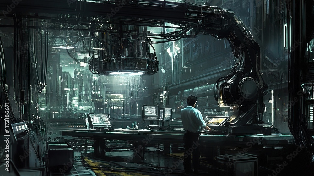 Poster worker operating robotic arm in highly automated industrial environment