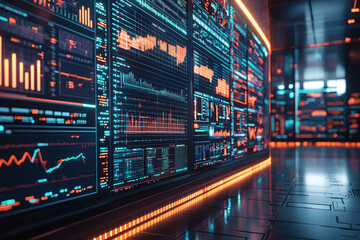 Obraz premium Server room monitoring financial data on digital screens with glowing lights