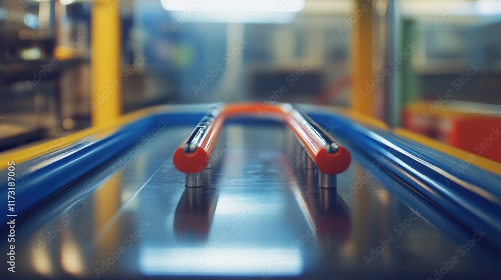 Poster side view of two magnets moving toward each other on a magnetic track in a science experiment settin
